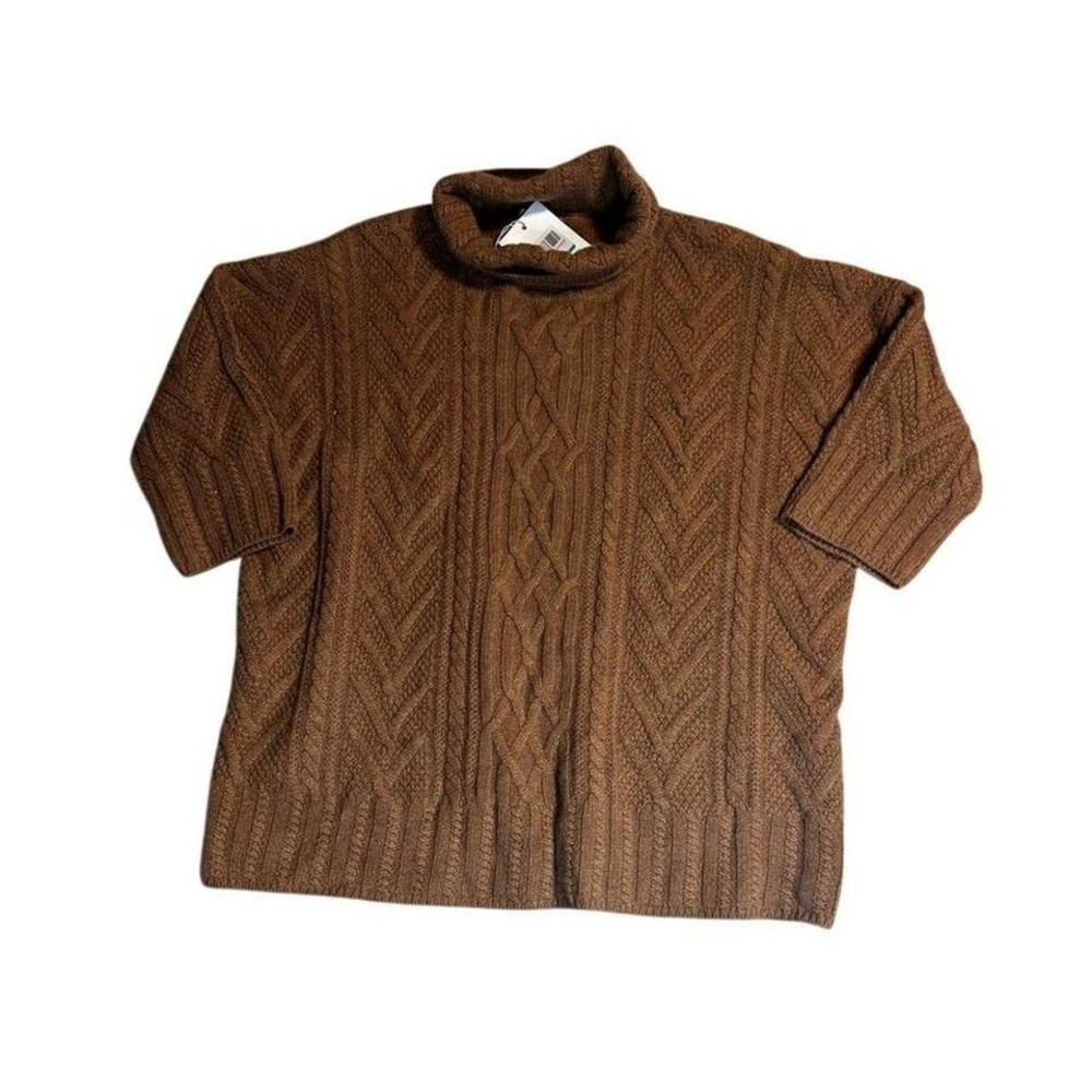 Iris & Ink Camel Brown Cable Knit Turtleneck Sweater Elbow Sleeve K016-1 Mens L